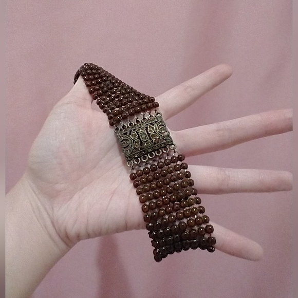 Brown Beaded Choker with Metal Centerpiece and Rhinestones - Picture 5 of 9